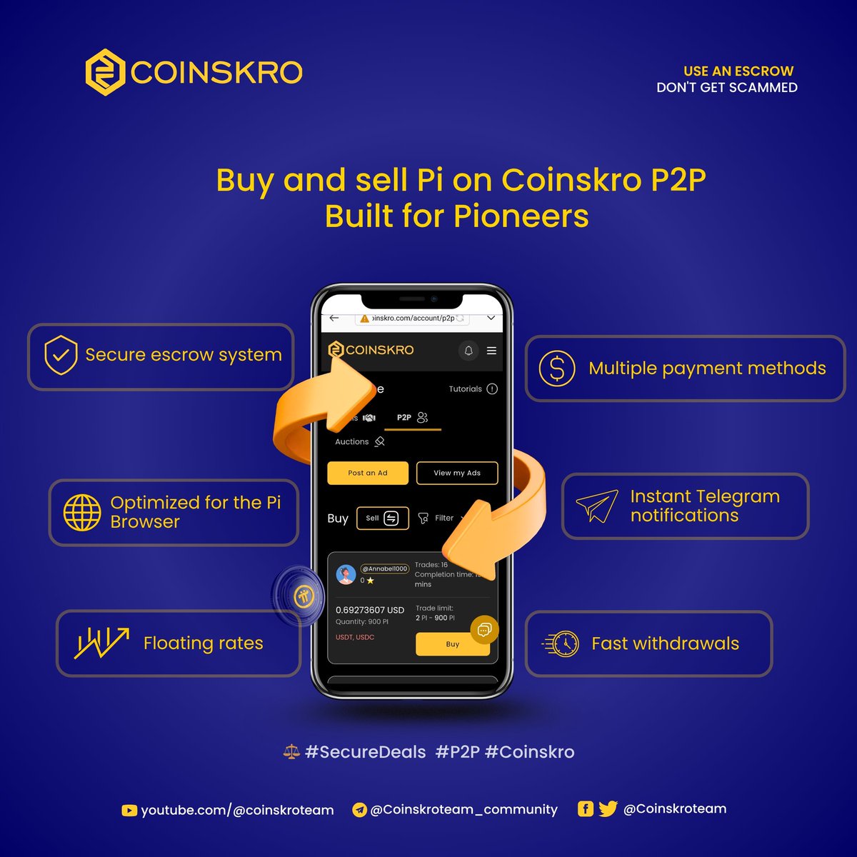 🔒 BUY AND SELL $PI SECURELY WITH COINSKRO P2P – BUILT FOR PIONEERS!🔒  

Looking for a safe and seamless P2P trading experience? COINSKRO  has you covered!  

✔ Secure escrow system – Trade with confidence, knowing your funds are protected  
✔ Multiple payment methods– From