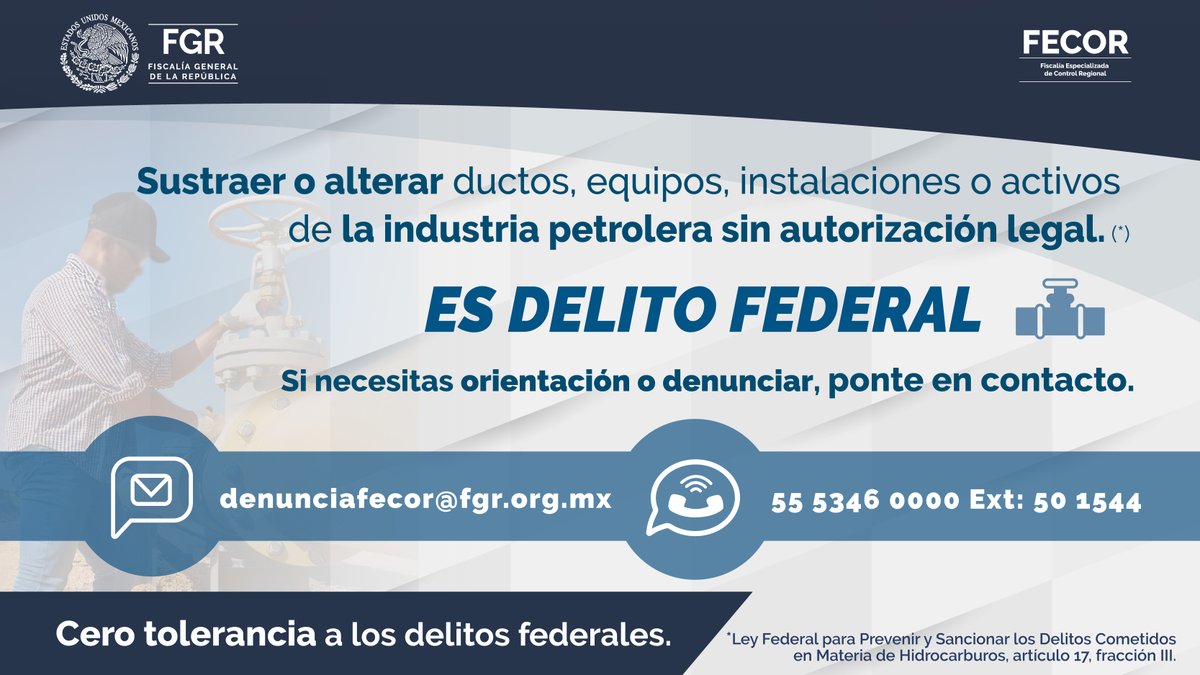 FGRMexico's tweet image. Si necesitas orientación o denunciar, ponte en contacto.

Tu denuncia puede ser anónima.

Cero tolerancia a los Delitos Federales.

#FiscalíaGeneralDeLaRepública