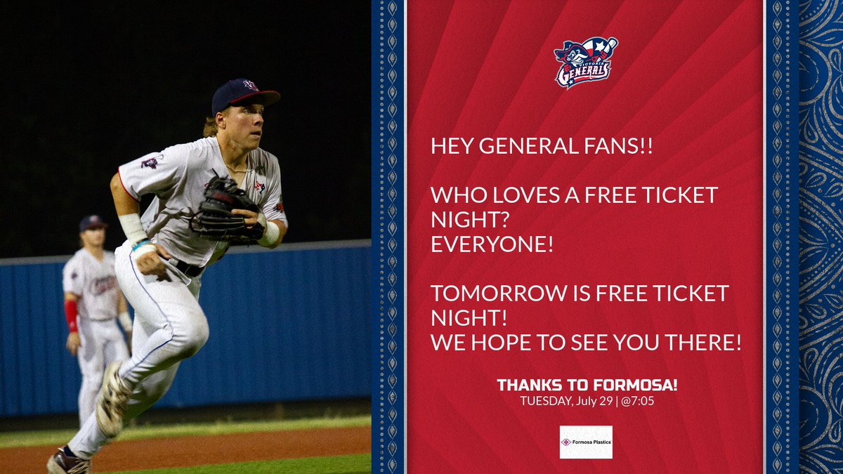 VicGeneralsTCL's tweet image. heading into the postseason with a free ticket night! 馃敟
Can鈥檛 get much better than that!馃槈
So that means bring your friends and family out to the ballpark for some fun! 馃挭馃徏
Tuesday, July 29 with first pitch at 7:05pm
#freeticket #letsgogenerals