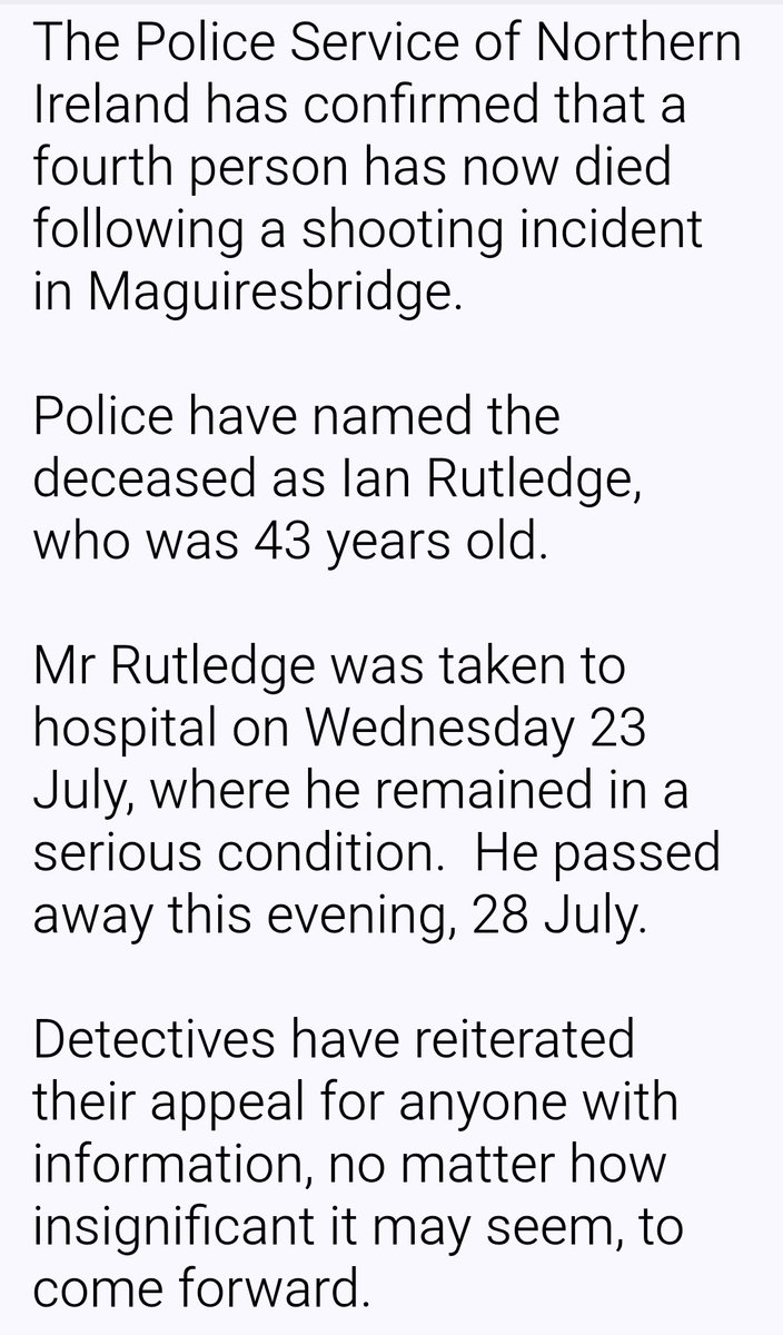 BREAKING: 43 yo Ian Rutledge has died following a domestic shooting in Maguiresbridge last Wednesday. Vanessa Whyte &amp; her two children were shot dead at their home on the Drummeer road in a suspected triple murder suicide. Police say Mr Rutledge passed away this evening. #UTV