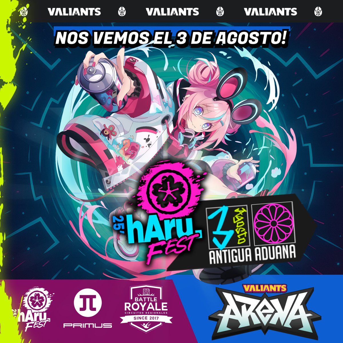 Valiants (@playvaliants) on Twitter photo ¡Se enciende la arena en la Haru Fest!
Llega la League Valorian, la primera liga nacional de Valiants Arena, junto a <a href="/BattleRoyale_Cr/">Battle Royale Circuitos Regionales</a>
¿Eres creador de contenido y gamer? Esta es tu oportunidad, aquí es donde tú puedes ser protagonista.
📆Este domingo 3 de agosto, prepárate ¡Se enciende la arena en la Haru Fest!
Llega la League Valorian, la primera liga nacional de Valiants Arena, junto a <a href="/BattleRoyale_Cr/">Battle Royale Circuitos Regionales</a>
¿Eres creador de contenido y gamer? Esta es tu oportunidad, aquí es donde tú puedes ser protagonista.
📆Este domingo 3 de agosto, prepárate