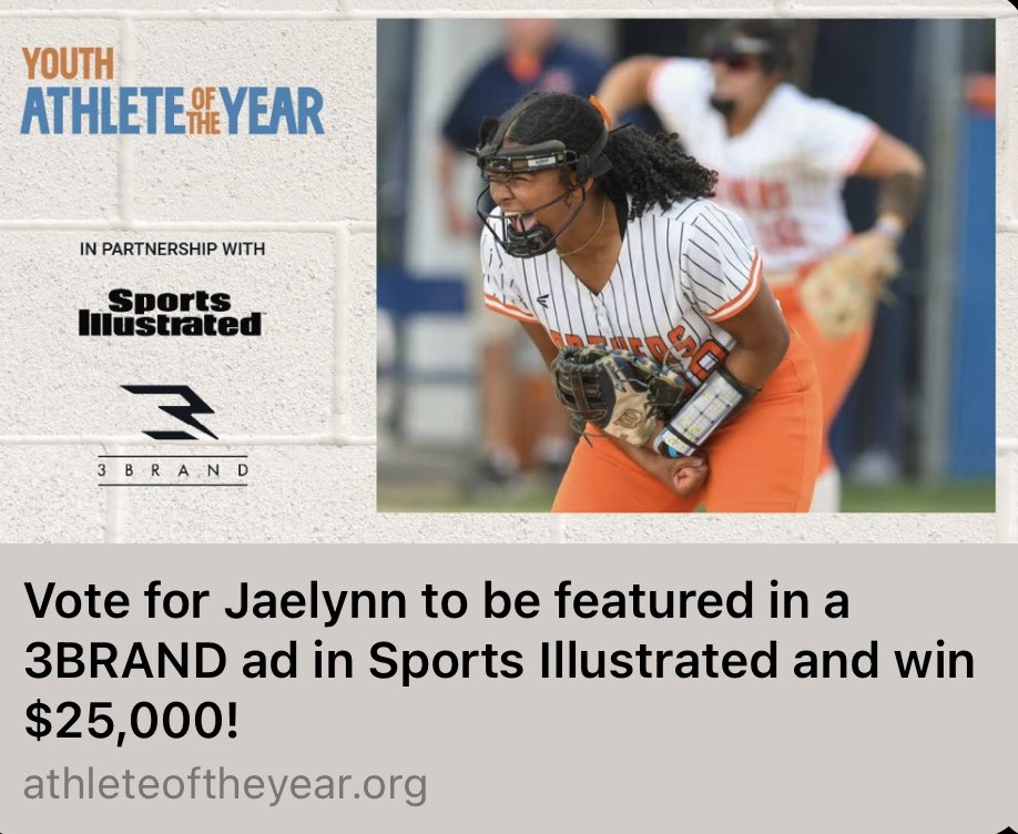 🚨Vote💙🚨I was nominated for athlete of the year l, please take a moment to vote for me. Thanks in advance 😉💕  
athleteoftheyear.org/2025/jaelynn-b…
<a href="/OHSPantherSB/">Oswego Softball</a> <a href="/ScaramuzziAnnie/">Annie Scaramuzzi</a> <a href="/coachmorland/">Hailey Morland</a> <a href="/MmWasco/">Wasco Diamonds 18u MM</a> <a href="/WascoDiamonds/">Wasco Diamonds</a> <a href="/meganmahaffy15/">Megan Mahaffy</a> <a href="/PurdueSoftball/">Purdue Softball</a>