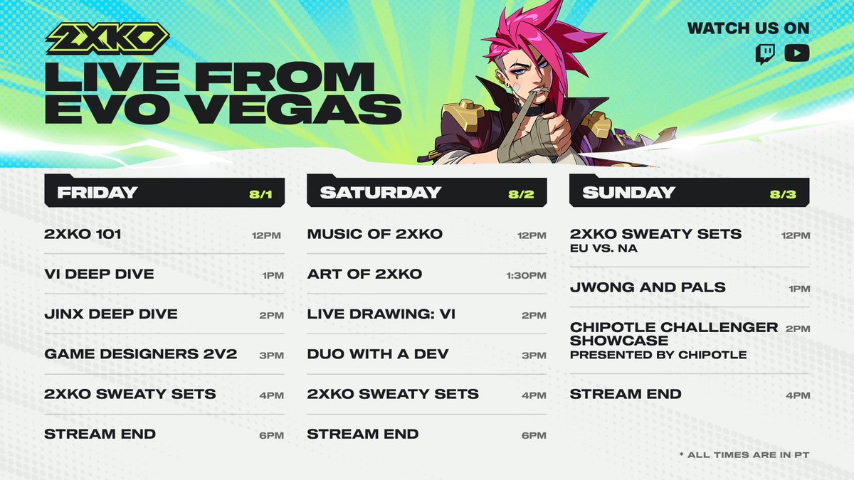 TheNitten's tweet image. Lookin like between the Evo Showcase and 2XKO stream schedules, no real slots meant for reveals.
Never say never but I wouldn't expect champ 9 reveal till mid-late aug at the soonest. Aug 22?