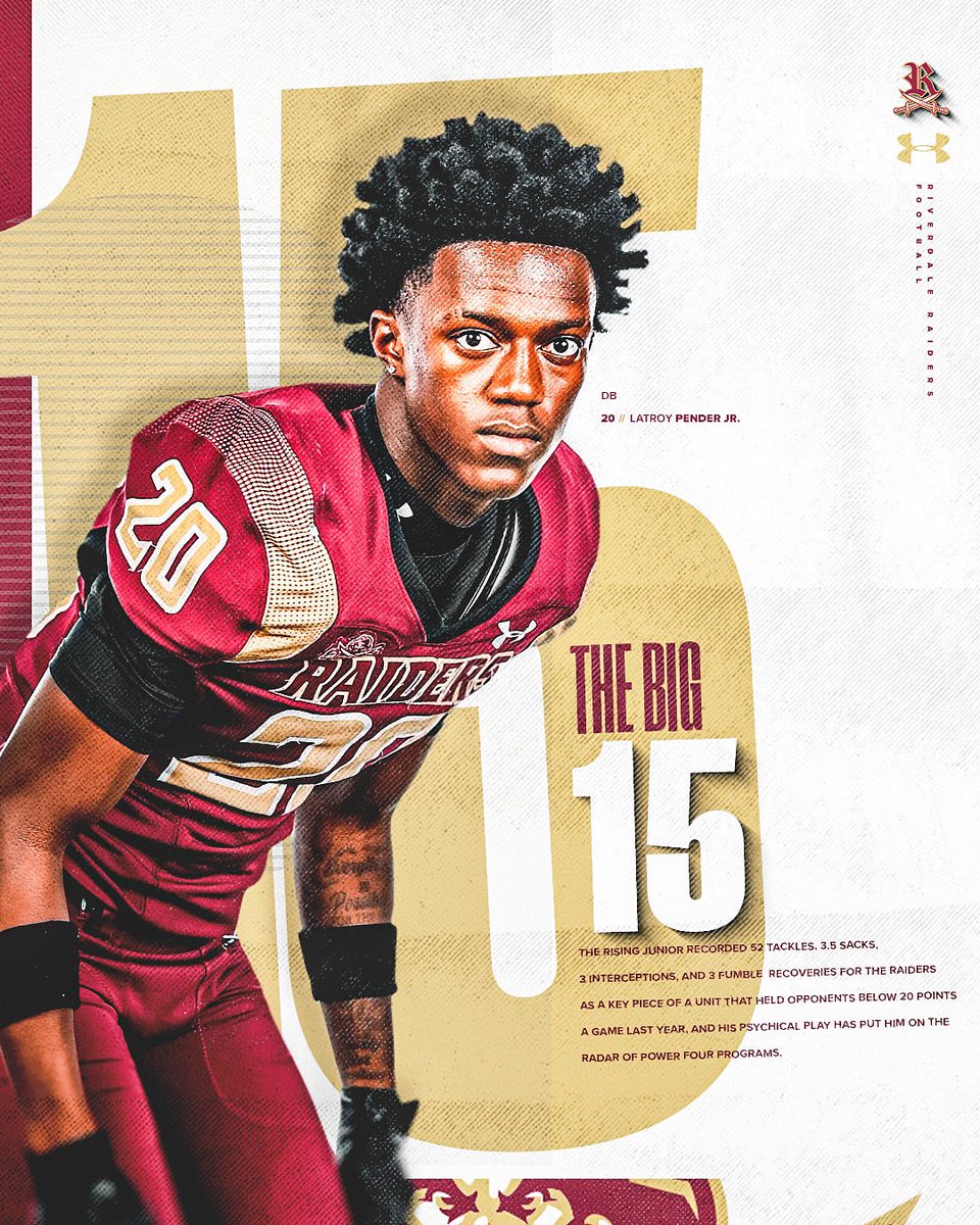 Latroy Pender Jr debuts in the Top 15 going into his junior year. All state safety as a sophomore and currently holds 11 D1 offers.