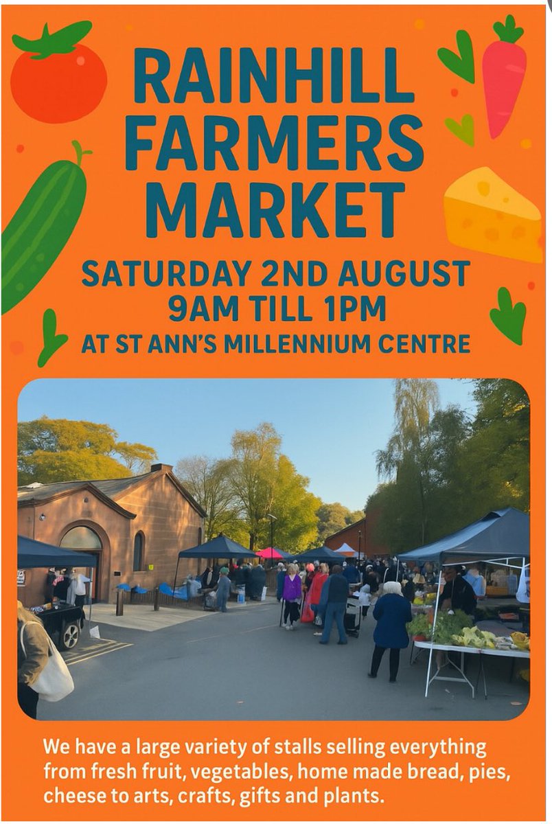 Rainhill Farmers Market is back this Saturday at St Ann's Millennium Centre

From 9am till 1pm 🧀 🍞 🌽 🥔 🧁 🥧 🎁 🪴