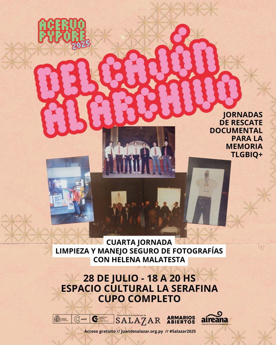 📂 DEL CAJÓN AL ARCHIVO
Jornada práctica de rescate fotográfico para la memoria TLGBIQ+ ✊🏽💜
🗓 Fecha: Lunes 28 de julio
⏰ Horario: 18:00 a 20:00 h
📍 Lugar: Espacio Cultural Feminista "La Serafina" (Aireana)