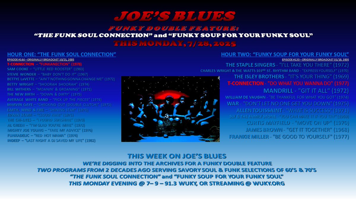 wuky's tweet image. Joe's Blues salutes Crunk Funk Master DeBraun Thomas...
A pair of vintage shows from the archives:
"The Funk Soul Connection" and "Funky Soup for Your Funky Soul"
7 to 9 this Monday evening - only on 91.3 or wuky.org
