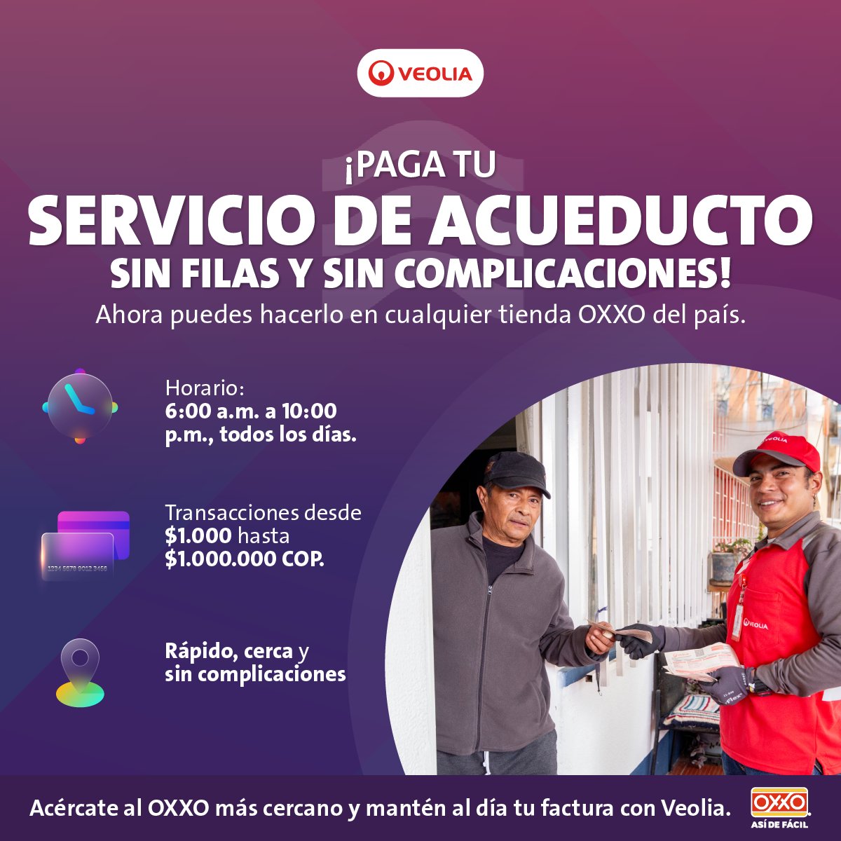 facetasdeboyaca's tweet image. 🌟 ¡Buenas noticias para los usuarios de @Veolia_Tunja! 🌟
Ahora puedes pagar tu factura de agua 💧 en tiendas OXXO 🏪 de forma rápida y segura.
⏰ Disponible todos los días de 6:00 a.m. a 10:00 p.m.
💸 Desde $1,000 hasta $1,000,000 COP.
¡Hazlo fácil, hazlo hoy! 🙌