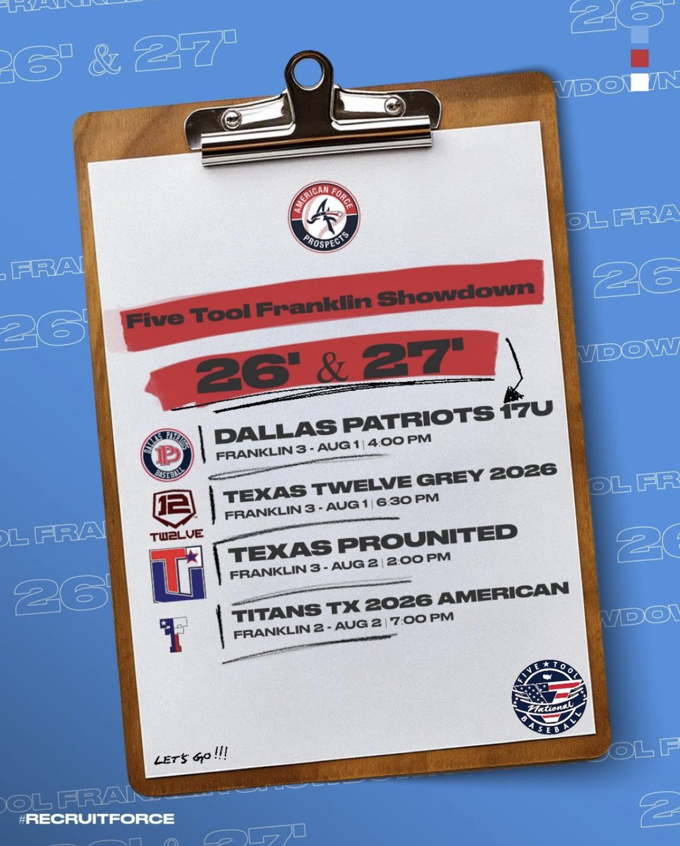 AMERICAN FORCE (@americanforcebb) on Twitter photo We’re headed up to Franklin, Texas in the Brazos Valley for the Five Tool Franklin Showdown, 2026 and 2027 Recruiting Preview, to wrap up our summer circuit. Powered by H-Town. #RecruitForce🇺🇸
<a href="/Trifecta_Winner/">Jason Krug#4</a> <a href="/FiveToolTexas/">✭Five Tool Texas✭</a> We’re headed up to Franklin, Texas in the Brazos Valley for the Five Tool Franklin Showdown, 2026 and 2027 Recruiting Preview, to wrap up our summer circuit. Powered by H-Town. #RecruitForce🇺🇸
<a href="/Trifecta_Winner/">Jason Krug#4</a> <a href="/FiveToolTexas/">✭Five Tool Texas✭</a>