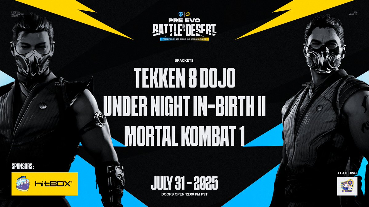 Don't say we didn't warn you!  Competitor passes are selling quickly with only 3 days left to get your passes for pre-local in Vegas, Battle in the Desert Pre EVO.

July 31st, Doors open at 12 PM PST
FREE PLAY with passes ➡️ 12 PM - 2 PM PST
Under Night In-Birth II ➡ Bracket