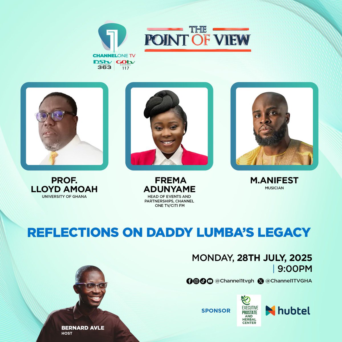 Channel1TVGHA's tweet image. Tonight on #ThePointofView on Channel One TV: Reflections on Daddy Lumba’s Legacy.
@benkoku will be joined by Prof. Lloyd Amoah, @fremaadunyame , and musician @manifestive
Don’t miss it!