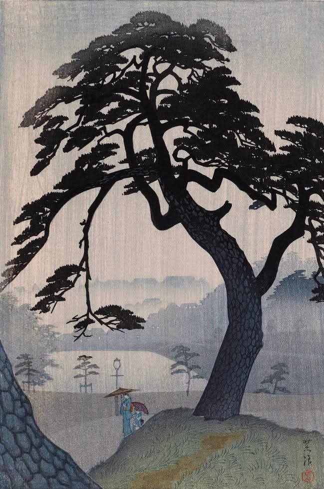 Shirô Kasamatsu
"Spring Rain at Kinokuni Mound"
Woodblock print 
1938