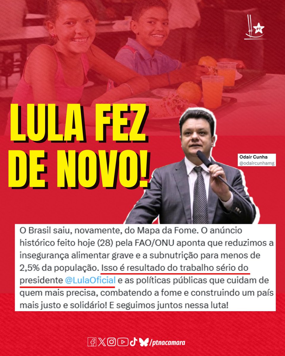 PT na Câmara (@ptnacamara) on Twitter photo O Brasil voltou a ter esperança e comida na mesa!
via <a href="/odaircunhamg/">Odair Cunha</a>
#mapadafome #ONU #Governolula #políticaspúblicas #combateainsegurançaalimentar #fome O Brasil voltou a ter esperança e comida na mesa!
via <a href="/odaircunhamg/">Odair Cunha</a>
#mapadafome #ONU #Governolula #políticaspúblicas #combateainsegurançaalimentar #fome