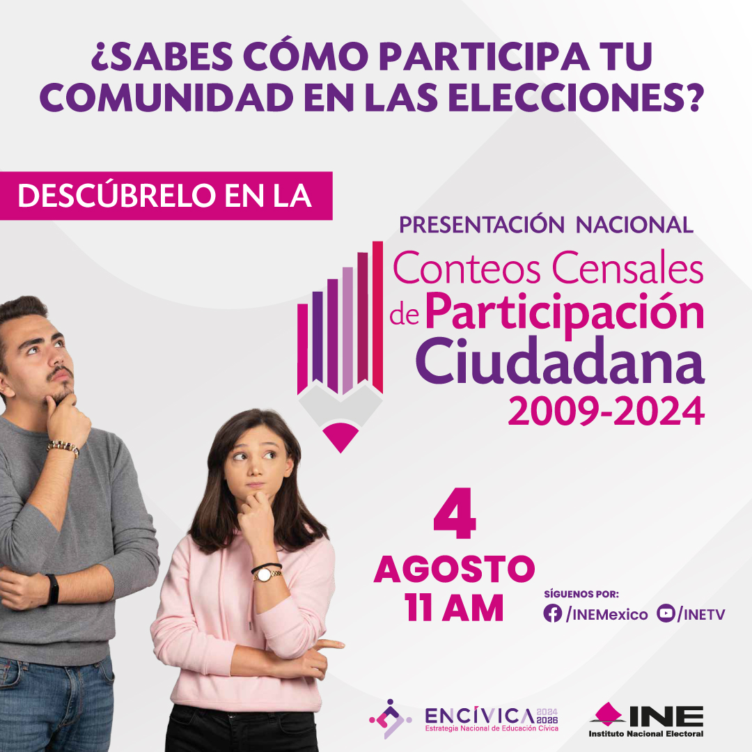 4 de agosto a las 11:00 horas, te invitamos a seguir en vivo la presentación nacional de la Plataforma de los Conteos Censales de Participación Ciudadana 2009–2024.
Una iniciativa que permite conocer, analizar y comparar datos clave sobre la participación ciudadana en México.