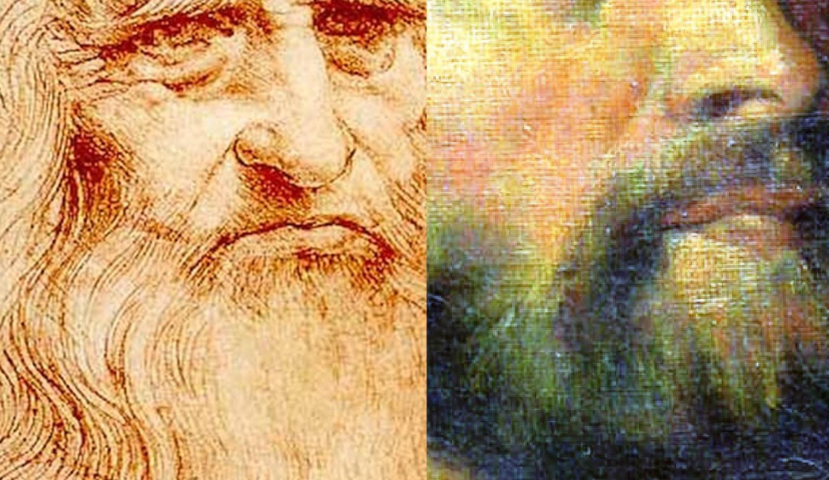 GraemeCameron2's tweet image. 5.Note the absolutely unique &apos;Leonardesque imprimatur&apos; evident in the original modelling of the Mouth, with such distinctive expression created by its contours RIGHT closely mirroring that of Leonardo&apos;s own Mouth in his Self-portraits LEFT,yet not seen in Titian&apos;s later version🧑‍🎨
