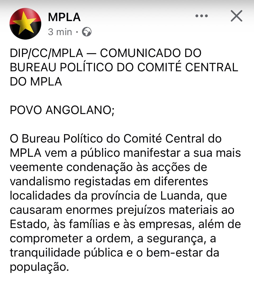 cesarchiyaya's tweet image. A NARRATIVA DO MPLA
MPLA reagiu: O Comunicado do BP do MPLA que saiu há poucos minutos diz “condenar com veemência o vandalismo”. Ou seja, a mesma narrativa e o mesmo vocabulário usado pelos defensores da “moral”…
——-
“E até lá, estou-me nas tintas”.