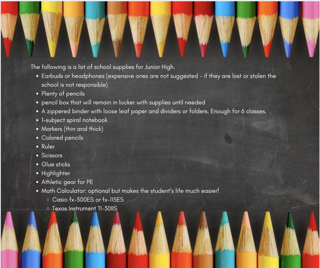 Here is the JH supplies list for the 25- 26 school year!