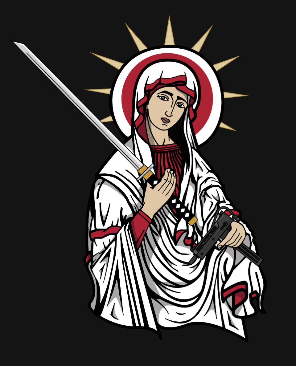 In 2012 Chris Shaw created Madonna Kalashnikov, depicting the Virgin Mary with a golden AK.

That icon inspired Christian Borys to create Saint Javelin of Ukraine in 2022, which became a symbol of the Ukrainian resistance.

Schmaints attempt to universalize that symbol.