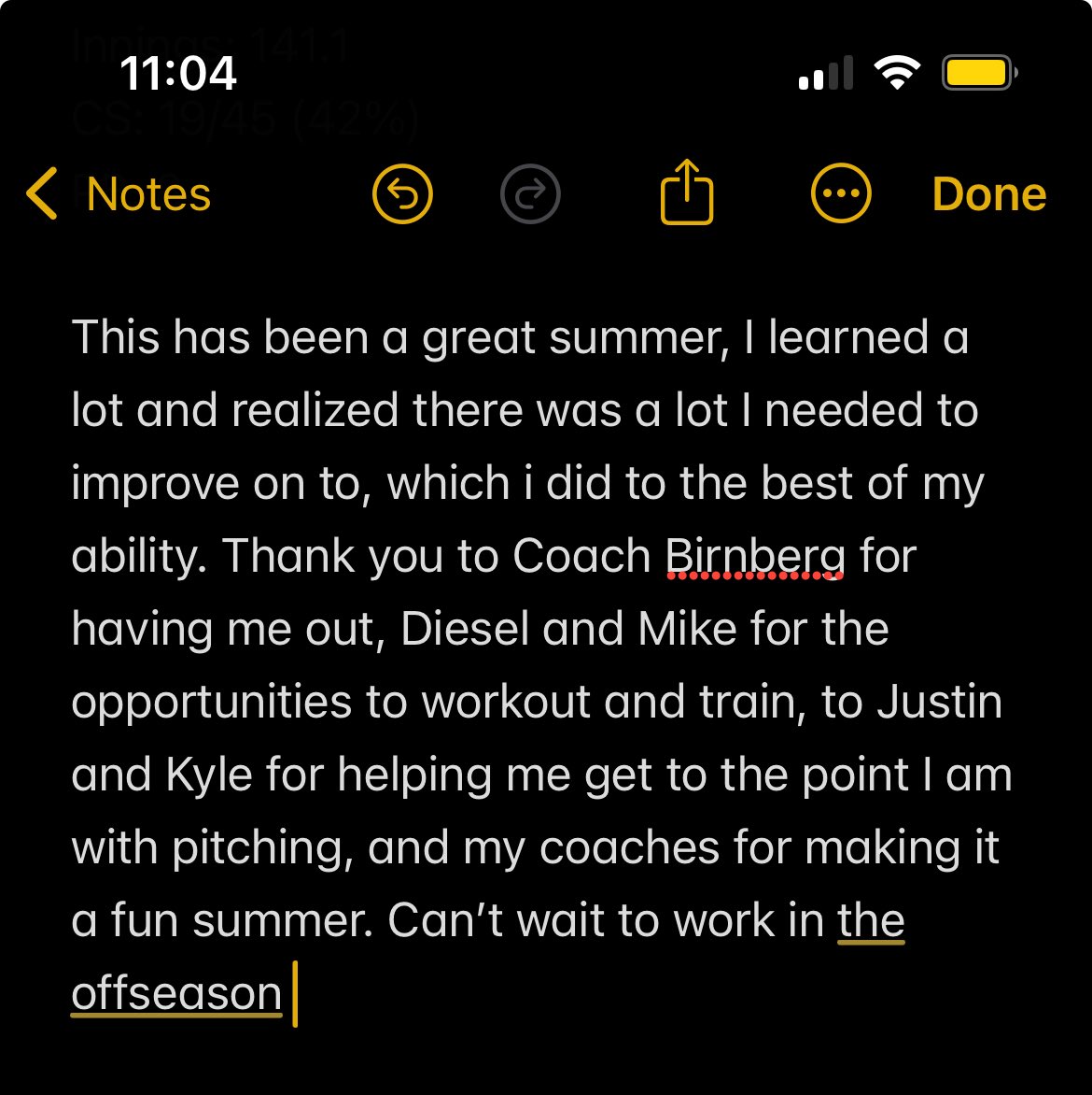 DominicLigocki's tweet image. End of Year Stats:
PA: 74
AB: 60
AVG: .317
OBP: .432
H: 19
1B: 18
2B: 1
R: 12
BB: 9
HBP: 5
SB: 5

Pitching:
IP: 39.2
ERA: 2.118
WHIP: 1.286
K: 29
H: 44
ER: 12
BB: 7 
BAA: .257

Catching:
Innings: 141.1
CS: 19/45 (42%)
PB: 8

@mikerice02 @dieseldefenders @DetProspectsBrn