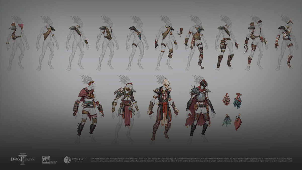 In Warhammer 40,000: Dark Heresy we would like to introduce the player to the unique and highly adaptable Kroot species. In this concept art, we show various types of outfits that different social classes of Kroot will be attired in.
#Warhammer40000
#DarkHeresy