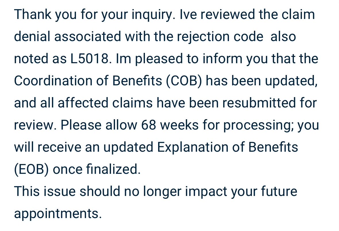 DuchessOfMeme's tweet image. Went on my husband’s insurance and they automatically denied every claim until I called to say it’s my primary insurance. Now it’ll take 68 weeks to adjust it?! No wonder people are frustrated. #highmark