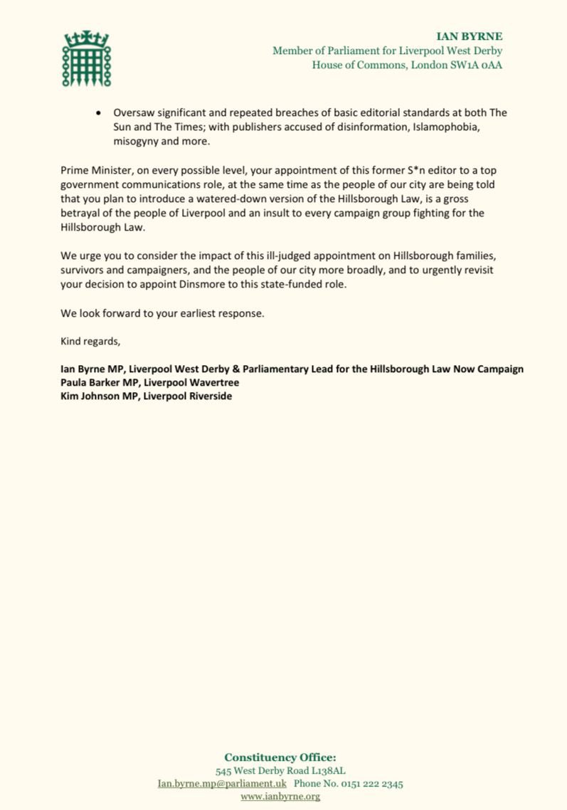 Today, alongside <a href="/KimJohnsonMP/">Kim Johnson</a> and <a href="/PaulaBarkerMP/">Paula Barker</a>, I’ve written to the Prime Minister urging him to reconsider the appointment of a former S*n editor to a senior civil service role. This decision deeply affects Hillsborough families, survivors, and our city. 
#JFT97