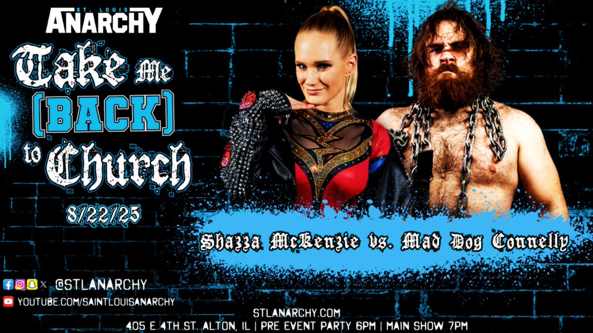 St. Louis Anarchy (@stlanarchy) on Twitter photo Beauty and the Beast but they beat the shit outta each other. The second match for Take Me Back To Church will see <a href="/Shazza_McKenzie/">Shazza McKenzie / シャザ マッケンジー</a> battle <a href="/mdcon420/">MAD DOG CONNELLY</a> . Remember use code Church5 when getting tickets at STLANARCHY.COM and save $5 today. Beauty and the Beast but they beat the shit outta each other. The second match for Take Me Back To Church will see <a href="/Shazza_McKenzie/">Shazza McKenzie / シャザ マッケンジー</a> battle <a href="/mdcon420/">MAD DOG CONNELLY</a> . Remember use code Church5 when getting tickets at STLANARCHY.COM and save $5 today.