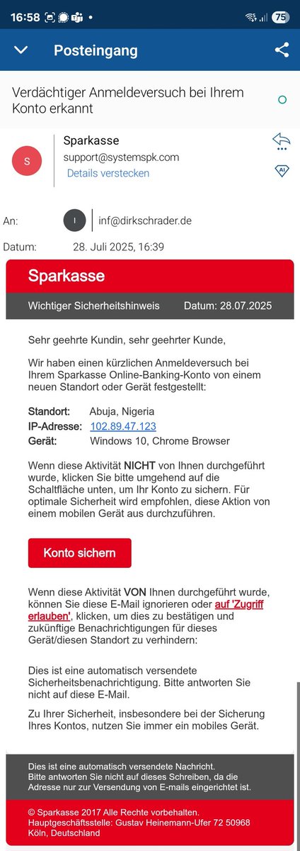 #Phishing Kampagne zielt auf @Sparkasse -kunden