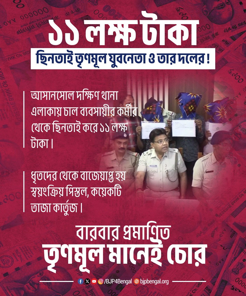 BJP4Bengal's tweet image. &quot;তৃণমূল যেখানে, চুরি সেখানে! এখন দলটাই অপরাধচক্র!&quot;

১১ লক্ষ টাকা ছিনতাই, তৃণমূল যুবনেতা ও তার দল গ্রেফতার!
ব্যবসায়ীর কর্মচারীর ওপর হামলা করে টাকা লুট, উদ্ধার হলো পিস্তল ও কার্তুজ।
বারবার প্রমাণিত — তৃণমূল মানেই চোর!