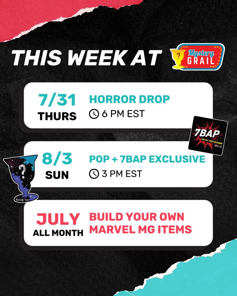 7BucksAPop's tweet image. Coming Up at Mystery Grail! 🎉

SDCC was a blast — thanks to everyone who stopped by! Keep those unboxings coming… 👀✨

🩸 Thu 7/31 @ 6 PM EST – Horror Mystery Grail Box
One chilling Horror Pop per box!

📦 Sun 8/3 @ 3 PM EST – Pop + 7BAP Exclusive
Missed SDCC? Grab a box with…