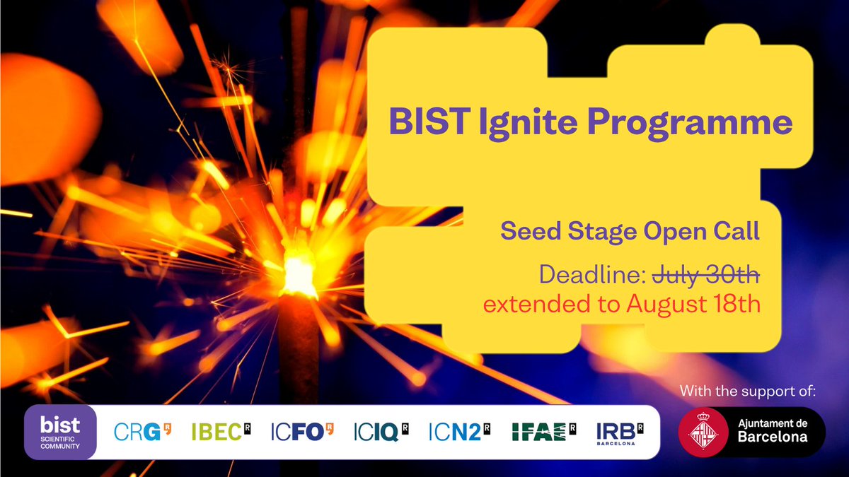 _BIST's tweet photo. 📢 The deadline to submit #BISTIgnite project proposals has been extended to August 18!
💡 The Ignite programme promotes new collaborations among #BISTCommunity researchers #multidisciplinarity
👉 https://t.co/NTa7HGwQSY https://t.co/jgCNqEMzAY