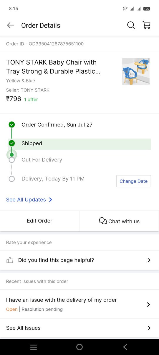ArunSah64130863's tweet photo. @flipkartsupport 
@Flipkart 
Where is my order ?
Why do you have a habit of scams regarding  delivery as showing one day delivery and then only delayed 😡
This is an urgent need item. https://t.co/dADqZBnk2K