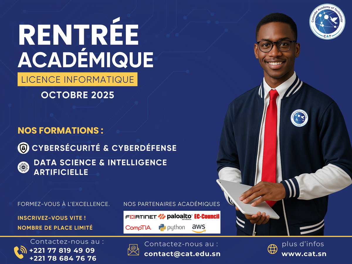 Colombe_academy's tweet photo. 🎓 Rentrée Académique 2025 – 2026
🗓️ Début des cours : Octobre 2025

📢 Les inscriptions sont officiellement ouvertes !

🎯 Vous aspirez à une formation de qualité dans les métiers du numérique, notamment en cybersécurité et en data science ? 🚀
Intégrez La Colombe Academy of Technology, un établissement d’excellence tourné vers l’innovation et les compétences du futur.

✨ Ce que nous vous offrons :

🌐 Des programmes pratiques et orientés métier
💼 Des certifications professionnelles reconnues
📜 Des programmes habilités par ANAQ-Sup

📌 Inscrivez-vous ici : https://t.co/A9ERhahk3H

📞 Infos : 77 819 49 09 - 78 684 75 75 - 78 684 76 76
✉️ contact@cat.edu.sn

📣 Faites le choix d’une formation d’avenir. Votre carrière commence ici !

📍 Adresse : Sacré-Cœur 3, Montagne – Derrière la Boulangerie Jaune, Dakar