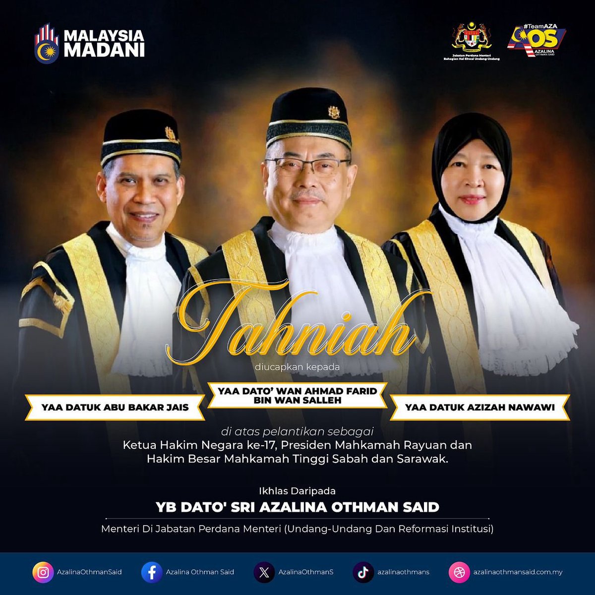 AzalinaOthmanS's tweet image. Ucapan setinggi-tinggi tahniah kepada YAA Dato’ Wan Ahmad Farid bin Wan Salleh atas pengurniaan Suratcara Pelantikan sebagai Ketua Hakim Negara oleh KDYMM Seri Paduka Baginda Yang di-Pertuan Agong pada Istiadat Pengurniaan Suratcara Pelantikan dan Angkat Sumpah yang telah…