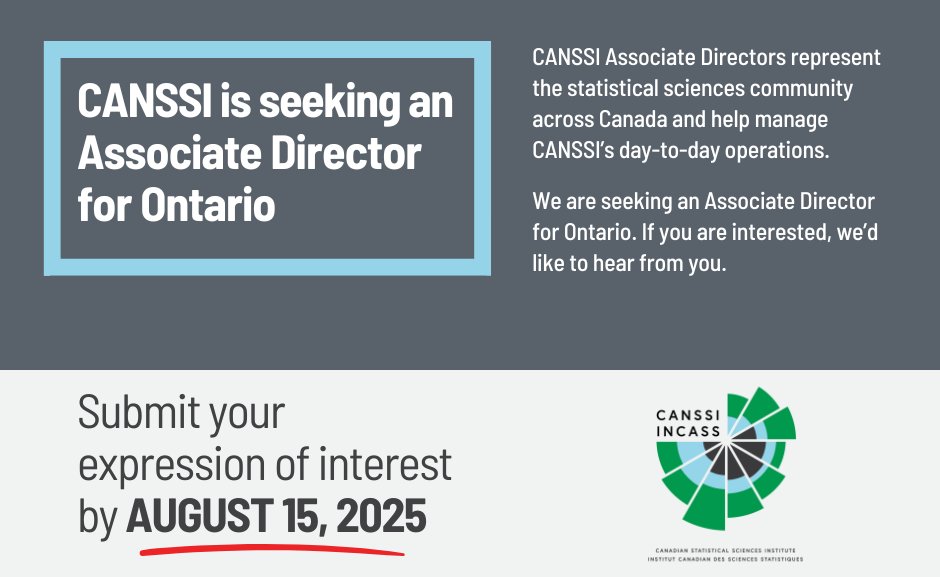 CANSSIINCASS's tweet image. CANSSI is looking for someone to take on a leadership position as ASSOCIATE DIRECTOR representing Ontario's #statisticalsciences community.
Interested? Learn more and express your interest by AUGUST 15:
loom.ly/d6eZu7o @CANSSIOntario