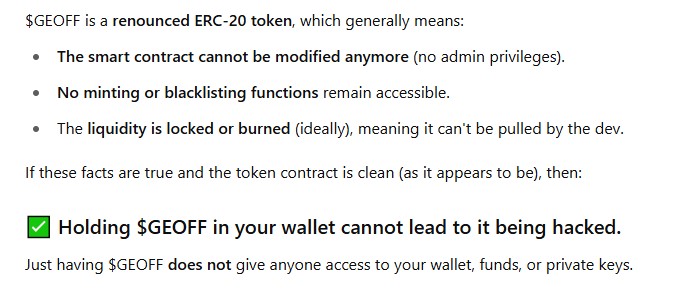 For those who think holding $GEOFF can drain your wallet, see check attached image...

Now it doesn't mean you are totally safe, because if you interact with some of the tokens that some hateful regards are sending to $GEOFF coin holders, then this is another story.

Never