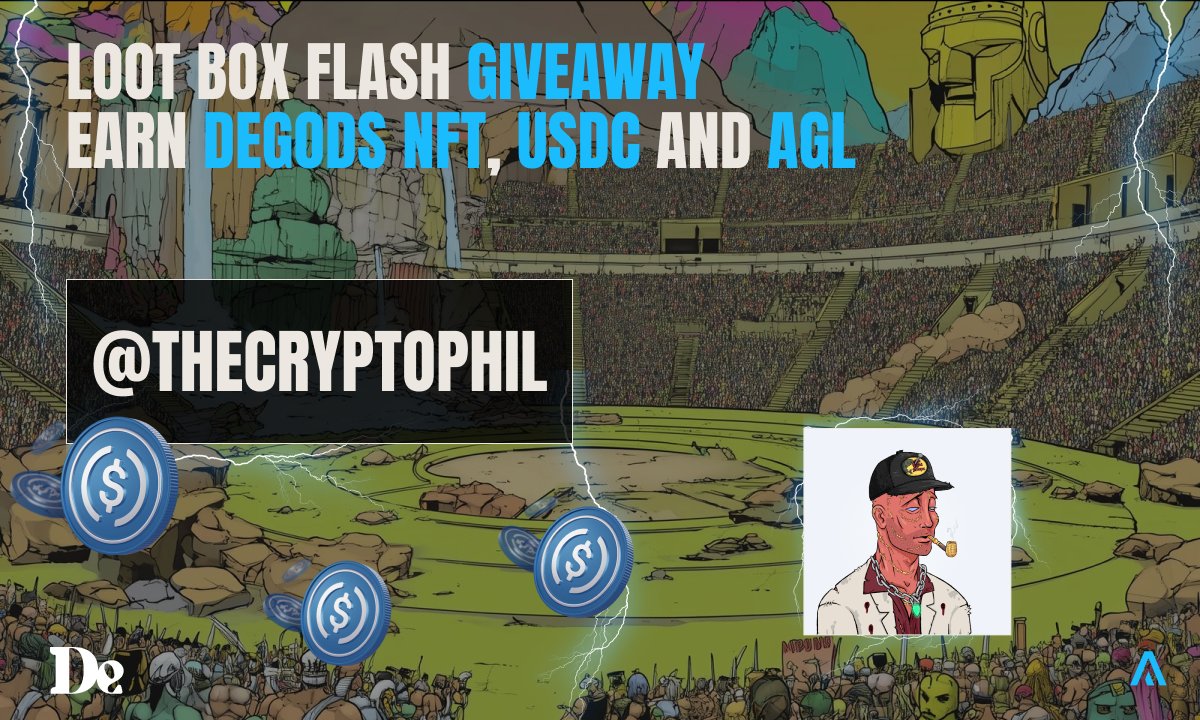 #Giveaway <a href="/AgoraHub_io/">Agora - Web3's Opportunity Arena</a> 

Flash Loot Box @Degods le 30 juillet à 18h CET

🎁+4 500 $ de prix incluant USDC, AGL
avec 1 NFT exclusif Degods (prix plancher : 1 300 $)

✨3 Loot Box à gagner !

1️⃣Aimez et retweetez
2️⃣Taguez 3 amis
📅Tirage au sort : 29 juillet à 18 h CET