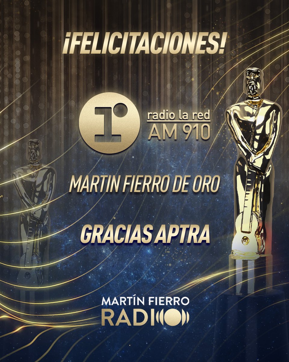radiolared's tweet image. Felicitaciones a todos los que componen el equipo de "Un Buen Momento" y a todas las personas que trabajan en Radio La Red por la obtención del Martín Fierro Oro 2024"✅️.
Gracias @aptraorg por valorar nuestro trabajo de todos los días y por otra noche mágica de la Radio👏🎙