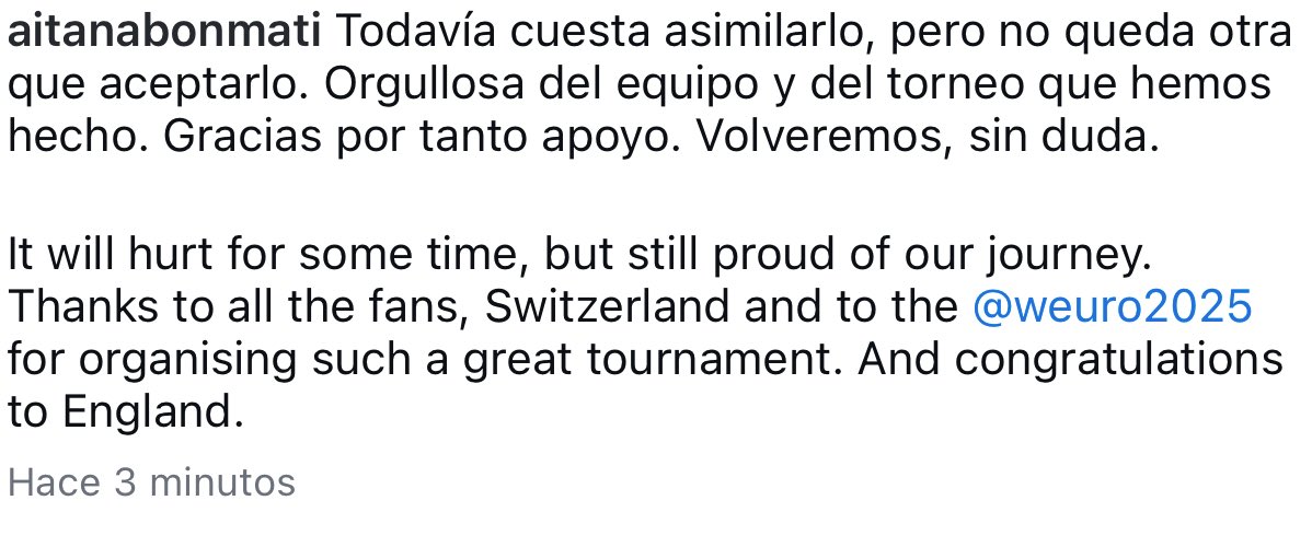 julia23cule's tweet image. Aitana Bonmati❤️‍🩹

“ Orgullosa del equipo” y VOLVEREMOS🫂