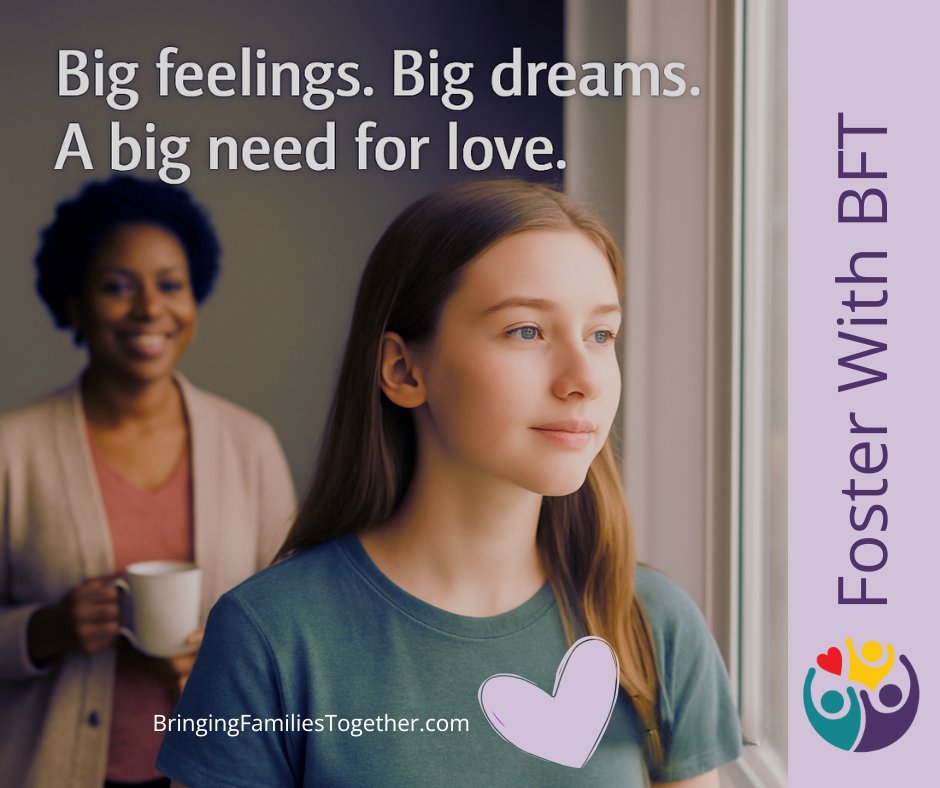 Bringing Families Together (@tweetsbybft) on Twitter photo Big feelings. Big dreams. A big need for love. 💜
Teens in foster care are still looking for connection—and someone who believes in them.
📝 Interest form:
👉bringingfamiliestogether.com/become-foster-…
📅 Next info session: Sept 9
👉 bringingfamiliestogether.com/events
#FosterTeens #FosterCare #FosterWithBFT Big feelings. Big dreams. A big need for love. 💜
Teens in foster care are still looking for connection—and someone who believes in them.
📝 Interest form:
👉bringingfamiliestogether.com/become-foster-…
📅 Next info session: Sept 9
👉 bringingfamiliestogether.com/events
#FosterTeens #FosterCare #FosterWithBFT