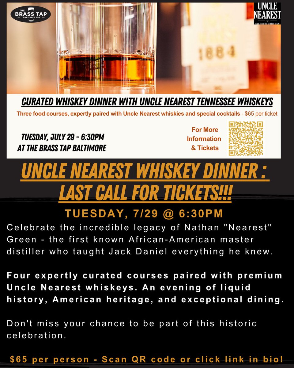 🚨 FINAL CALL! Uncle Nearest Whiskey Dinner is TOMORROW and we're down to the FINAL 2 TICKETS! 🚨 Tomorrow night at 6:30PM we honor the first known African-American master distiller who taught Jack Daniel everything he knew. Don't let this once-in-a-lifetime experience pass...