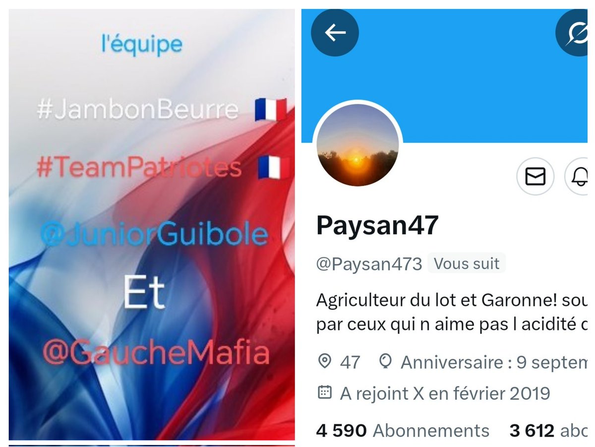 INFO🚨 Merci de partager !🚨
Mes amis abonnés😉
Ainsi que l'équipe #JambonBeurre #TeamPatriotes  🇨🇵 
Notre ami   <a href="/Paysan473/">Paysan47</a> 👍
Aurait besoin d'un petit coup de pouce pour grossir sa TL!🥳
Et ainsi lui donner plus de visibilité ! Merci de vous abonner à lui !🙏
Et n'oubliez pas!😉