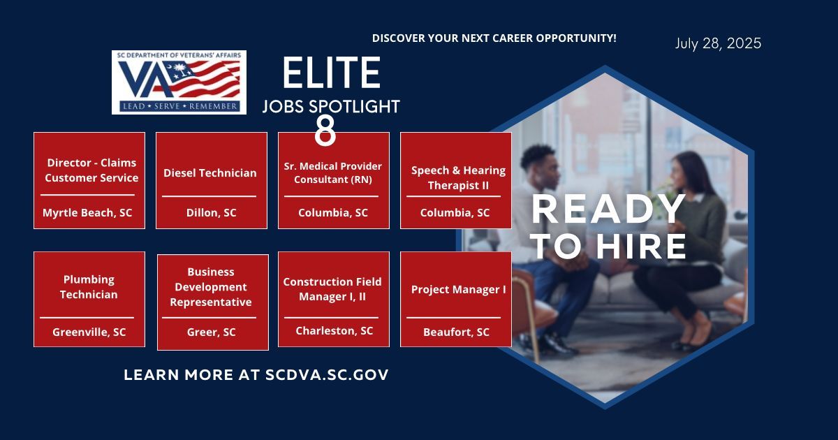 This week’s Elite 8 job picks spotlight opportunities with leading companies and trusted public agencies—these roles are ready for the right candidate. Explore and apply today! 
visit buff.ly/tHmhfbp
#SCVets #VeteranJob #MilitarytoCivilian