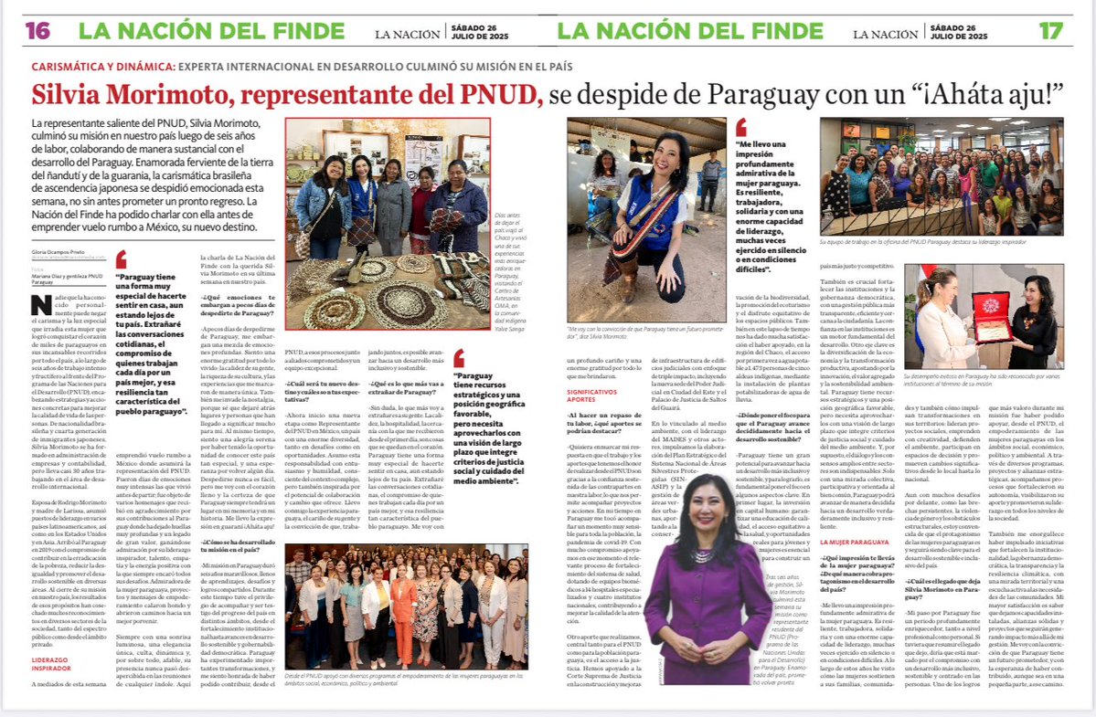 SilviaMorimoto's tweet image. Gracias a @LaNacionPy por la hermosa nota que resume el trabajo que he tenido el honor de realizar como representante del @PNUDPARAGUAY para nuestro querido 🇵🇾.

Gracias de corazón 🙏 ¡Ahata Aju!
