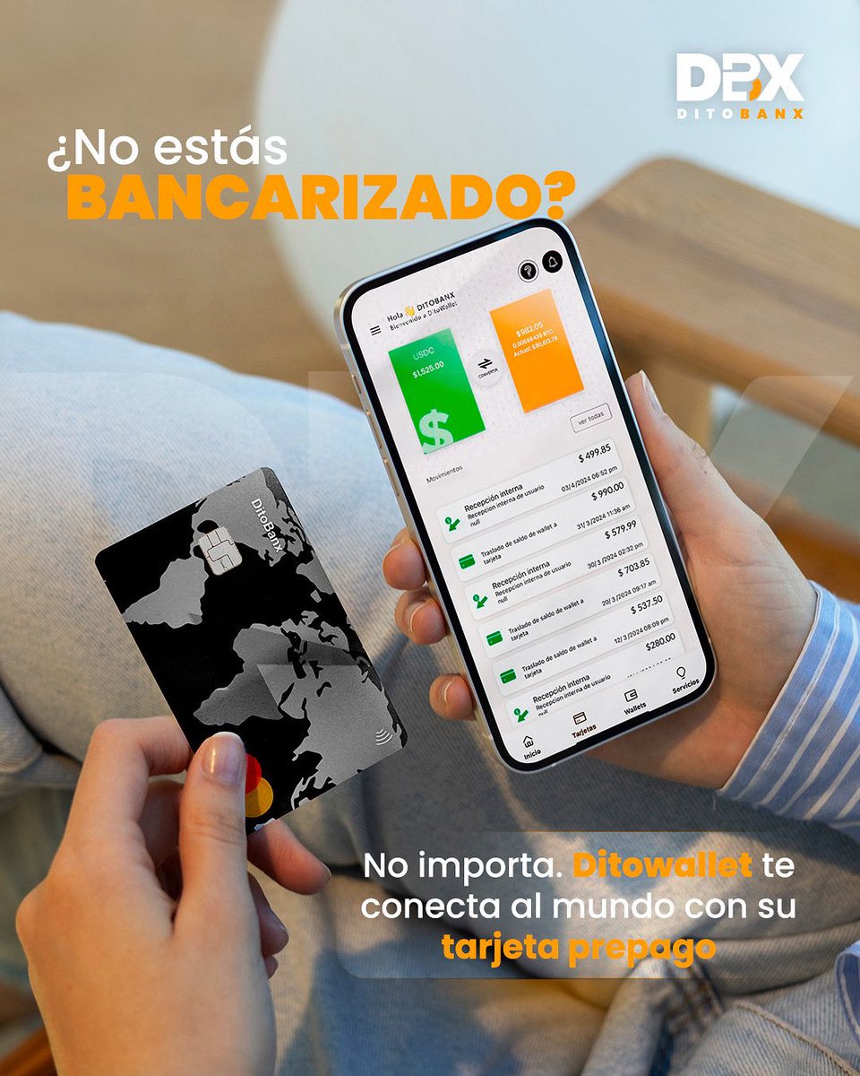 Ditobanx's tweet image. ¿No estás bancarizado? No importa.
DitoWallet te conecta al mundo con su tarjeta prepago. 🌍💳

Pagá, viajá y comprá sin límites.

#wallet #ditobanx #mastercard