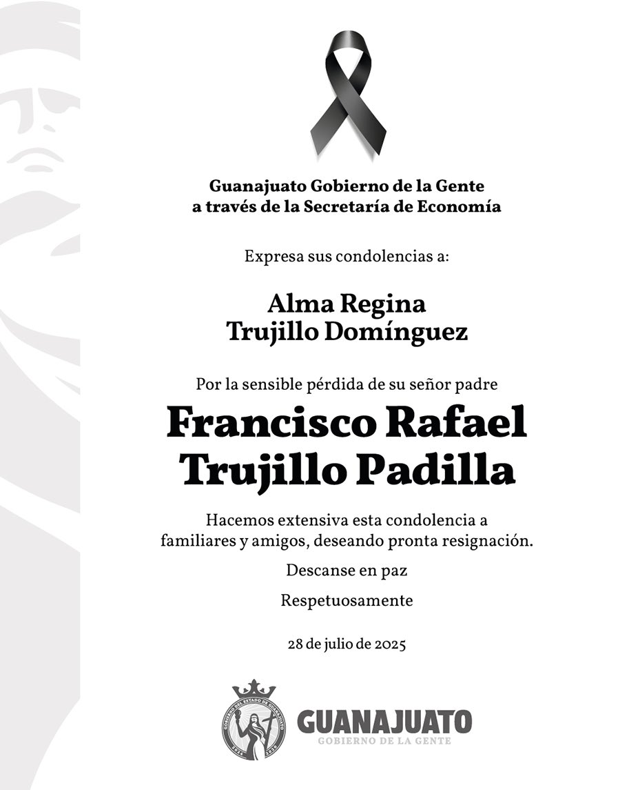Con profundo respeto, acompañamos a Alma Regina Trujillo Domínguez por la irreparable pérdida de su padre, el Sr. Francisco Rafael Trujillo Padilla.
Enviamos nuestras más sinceras condolencias para ella y su familia.