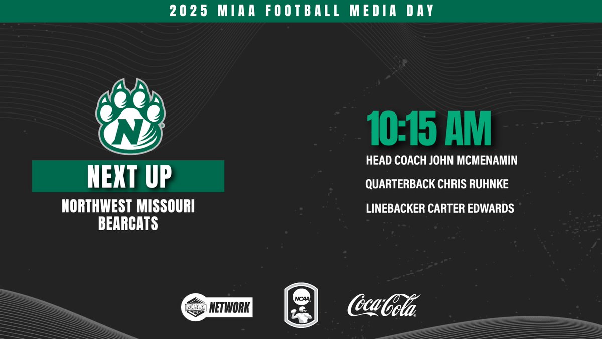 TheMIAA's tweet image. 𝐍𝐄𝐗𝐓 𝐔𝐏: First-year Head Coach John McMenamin and his Bearcats take the MIAA Media Day stage. 

The Bearcats were picked No. 6/5 in the MIAA preseason polls after going 6-5 in the 2024 season. 

Watch the @NWBearcat_FB presser live on theMIAANetwork.com/MIAA!