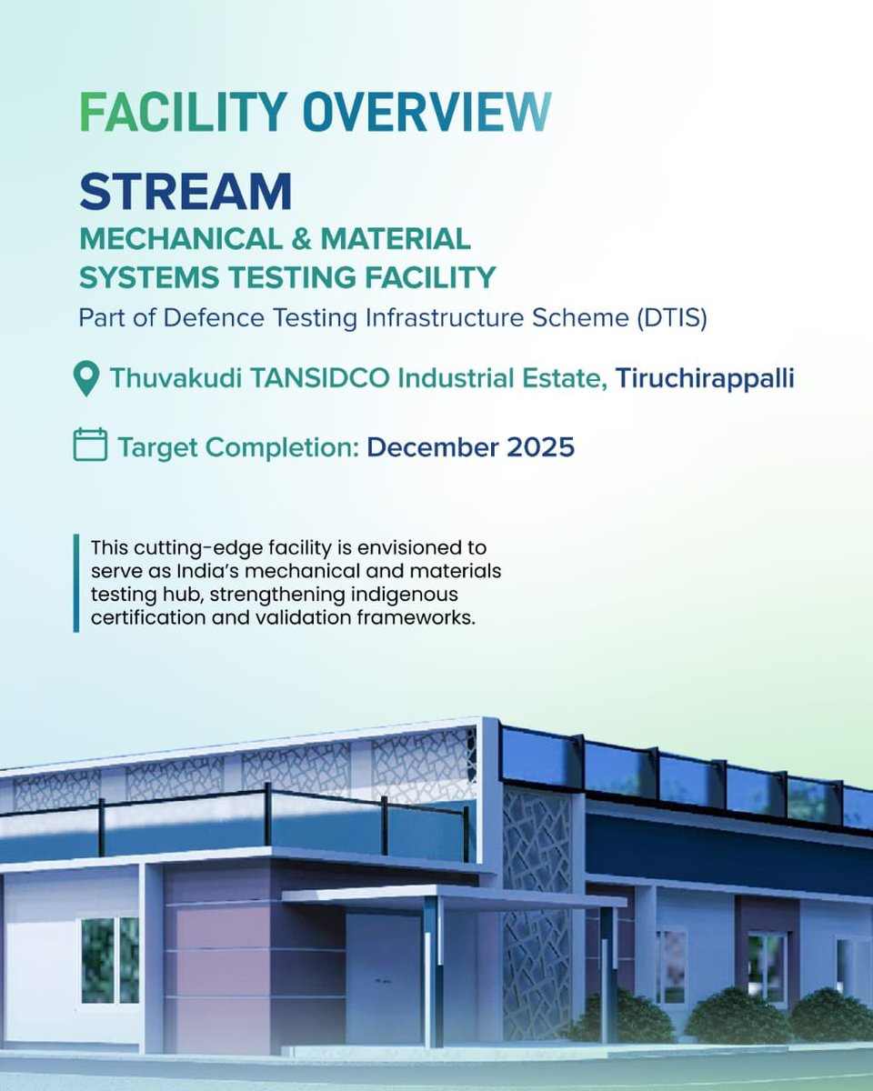 Updatestrichy2's tweet image. Ministry of Defence Today signed an MOU with TN TIDCO to setup a Cutting Edge Testing Facility for Mechanical and Material Domain in Trichy 👏🙌 #Trichy #Industry
It’s coming up in Thuvakudi Industrial Estate at the cost of 50 crs.