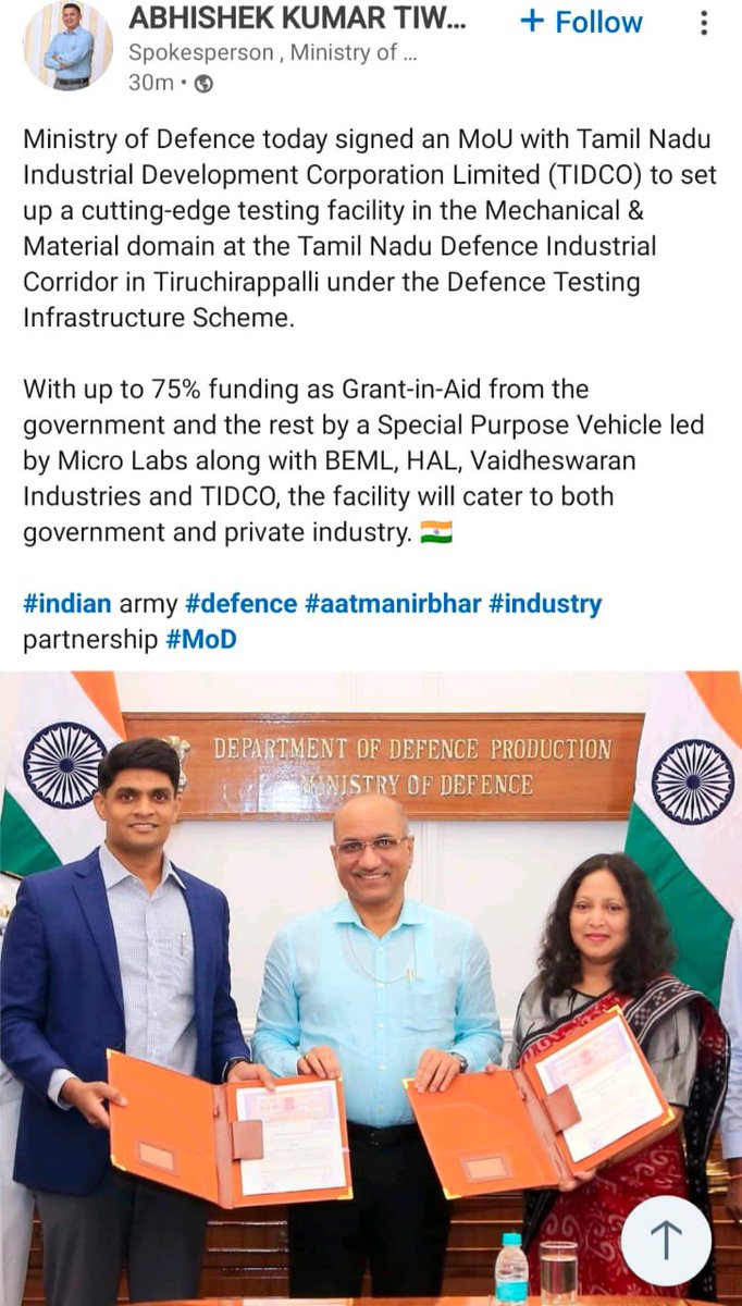 Updatestrichy2's tweet image. Ministry of Defence Today signed an MOU with TN TIDCO to setup a Cutting Edge Testing Facility for Mechanical and Material Domain in Trichy 👏🙌 #Trichy #Industry
It’s coming up in Thuvakudi Industrial Estate at the cost of 50 crs.