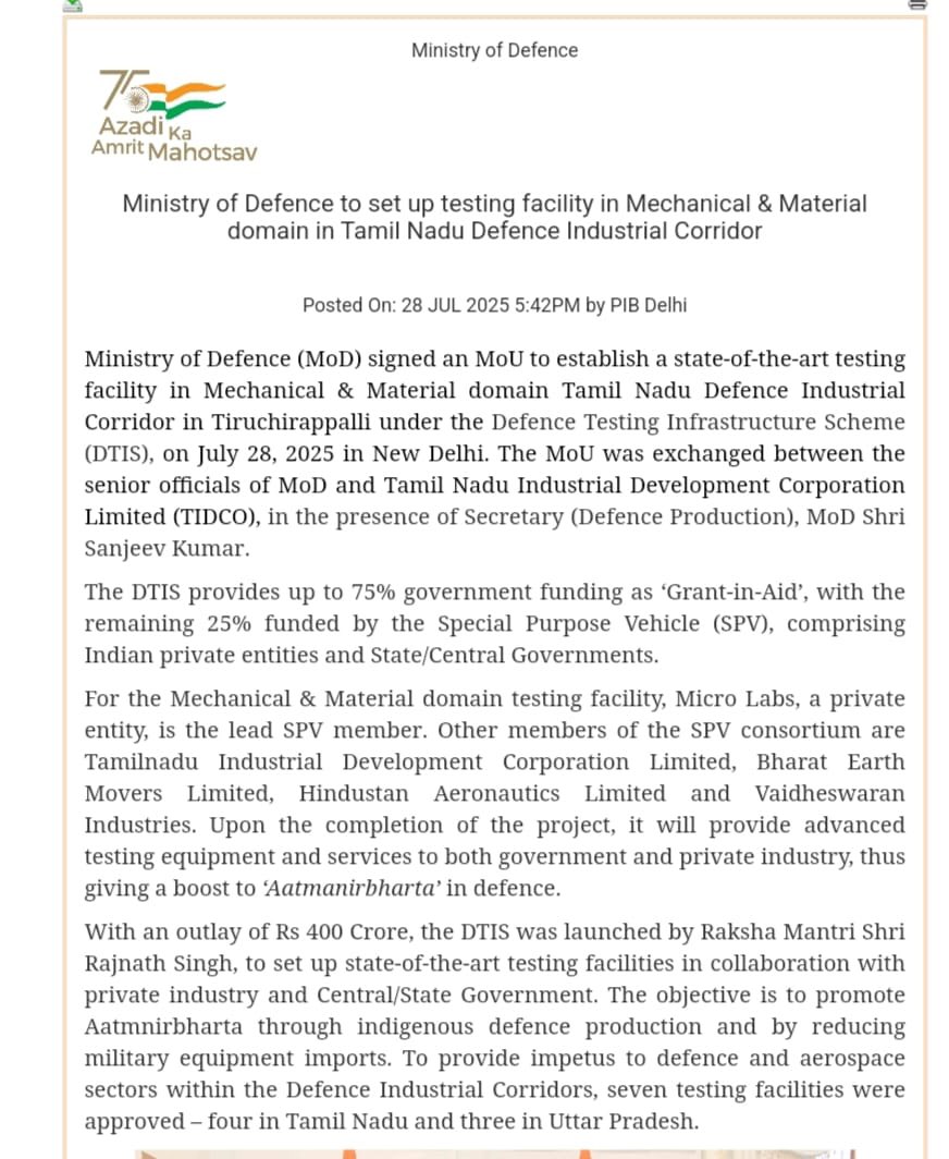 Updatestrichy2's tweet image. Ministry of Defence Today signed an MOU with TN TIDCO to setup a Cutting Edge Testing Facility for Mechanical and Material Domain in Trichy 👏🙌 #Trichy #Industry
It’s coming up in Thuvakudi Industrial Estate at the cost of 50 crs.